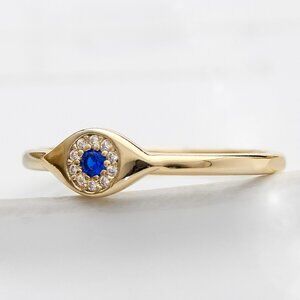 Evil Eye Ring with Cubic Zirconia, Blue and White CZ Stoned Protection Ring Sz 6